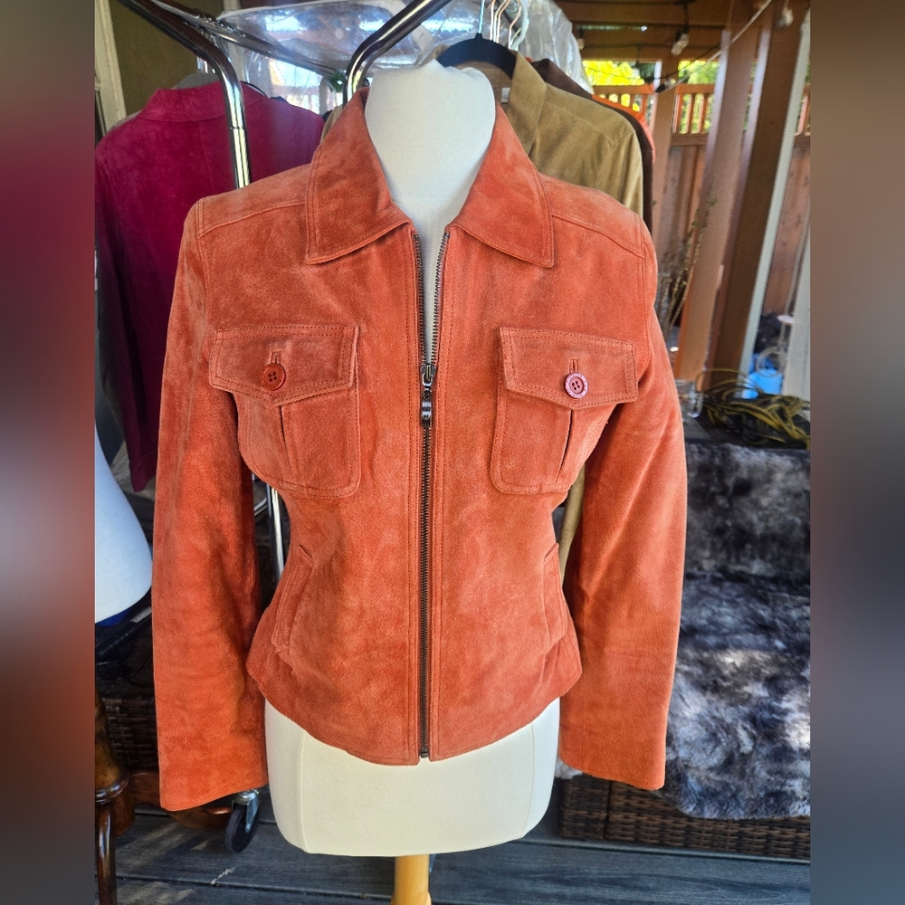 Michael Michelle Genuine Suede Jacket Rust Orange Zip Front Size S Made in USA